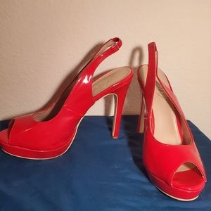 Red patent slingback heels